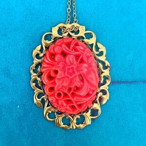 Vintage Carved Pink Coral in floral Pendant in Gold chain, Unmarked